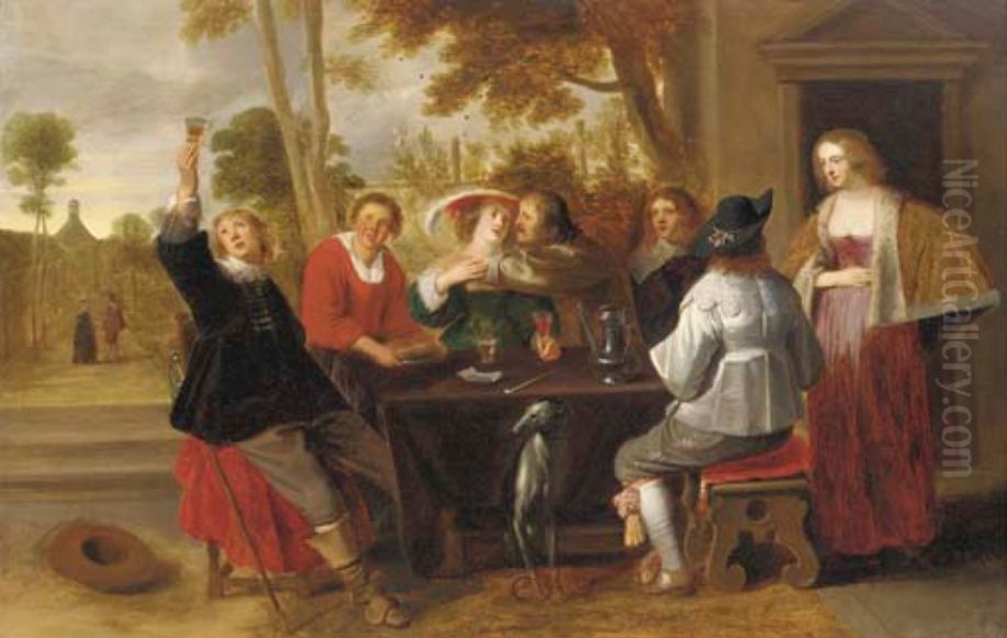 Elegant company at table on a terrace Oil Painting by Christoffel Jacobsz van der Laemen