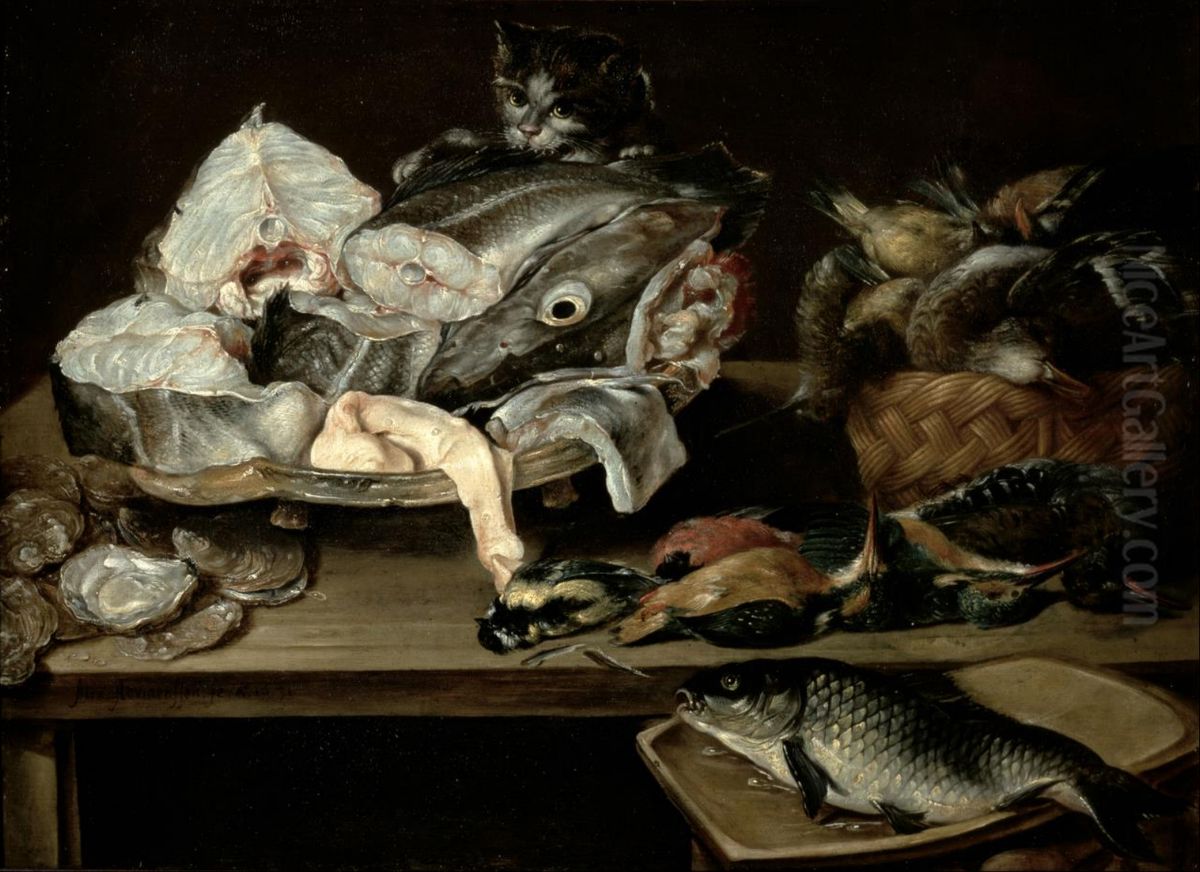Still Life with Fish and Cat Oil Painting by Alexander Adriaenssen