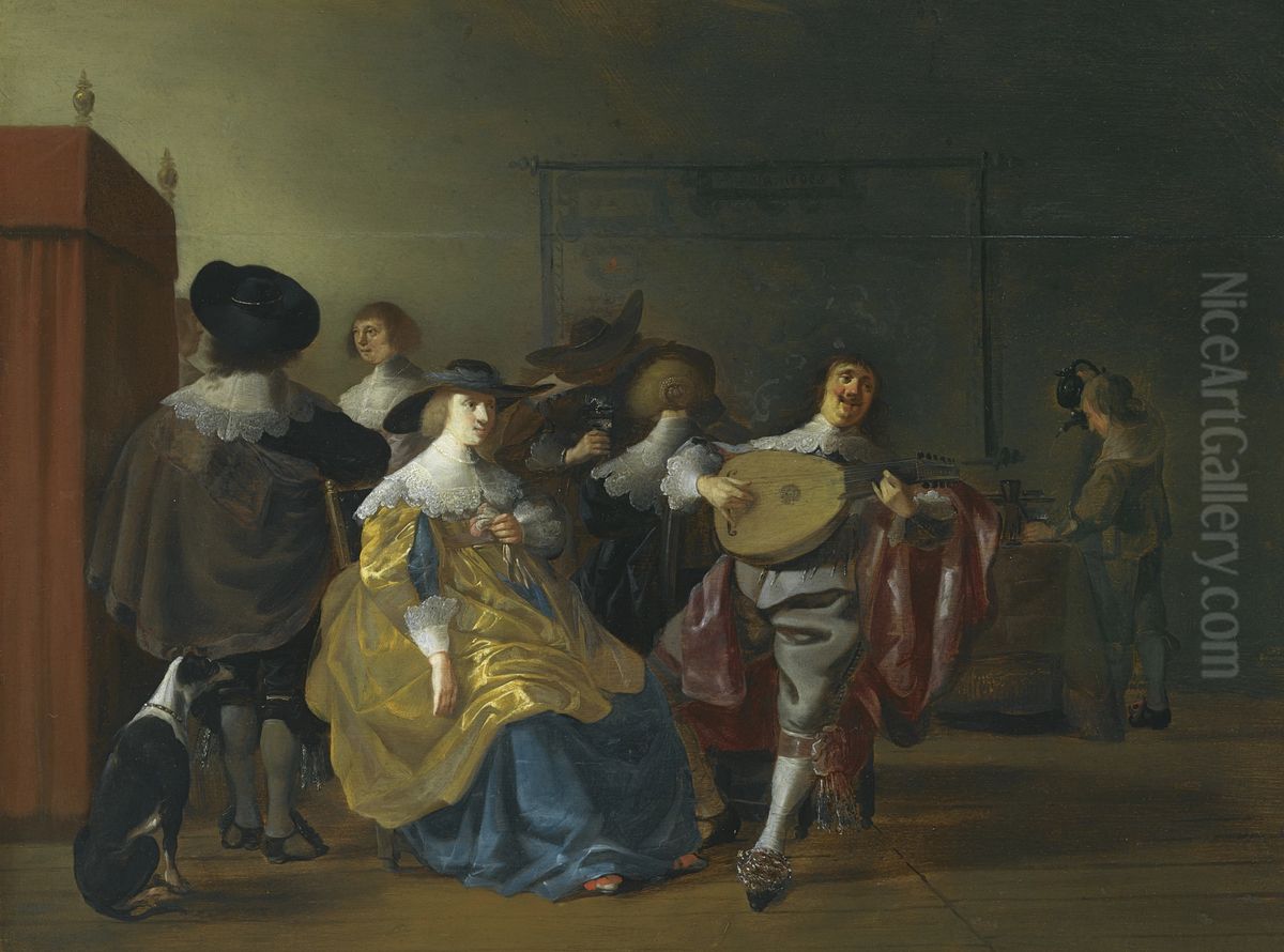 Elegant company in conversation playing games and drinking in an interior Oil Painting by Anthonie Palamedesz.