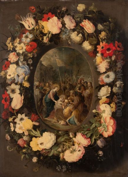 Adoration of the Magi surrounded by a garland of flowers Oil Painting by Jan Brueghel the Younger