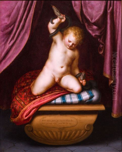 De kleine Hercules worstelt met een slang Oil Painting by Otto van Veen