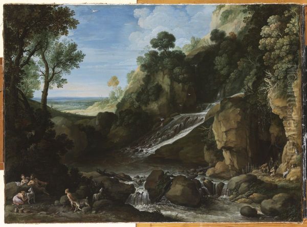 Berglandschap met saters en geiten bij een waterval Oil Painting by Paul Bril