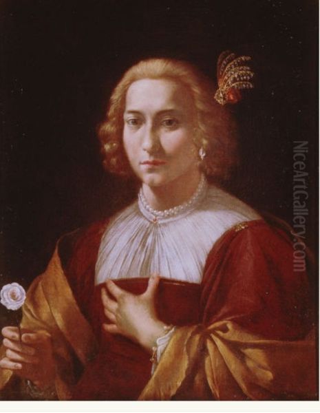 Portrait of a lady holding a flower Oil Painting by Angelo Caroselli