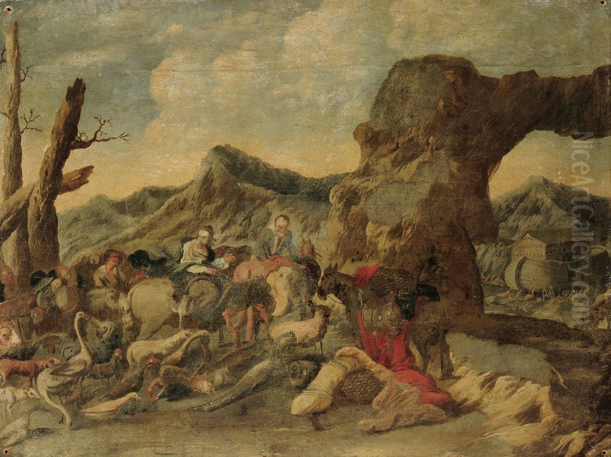 Shepherds with their flock in a landscape (small) Oil Painting by Antonio Travi