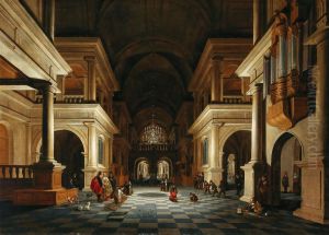 Church interior with elegant figures