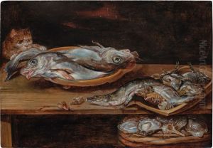 Still life with fish, oysters, shells, and a thieving cat on a wooden tabletop