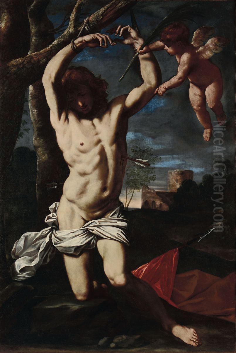 Saint Sebastian and an angel Oil Painting by Simone Cantarini (Pesarese)