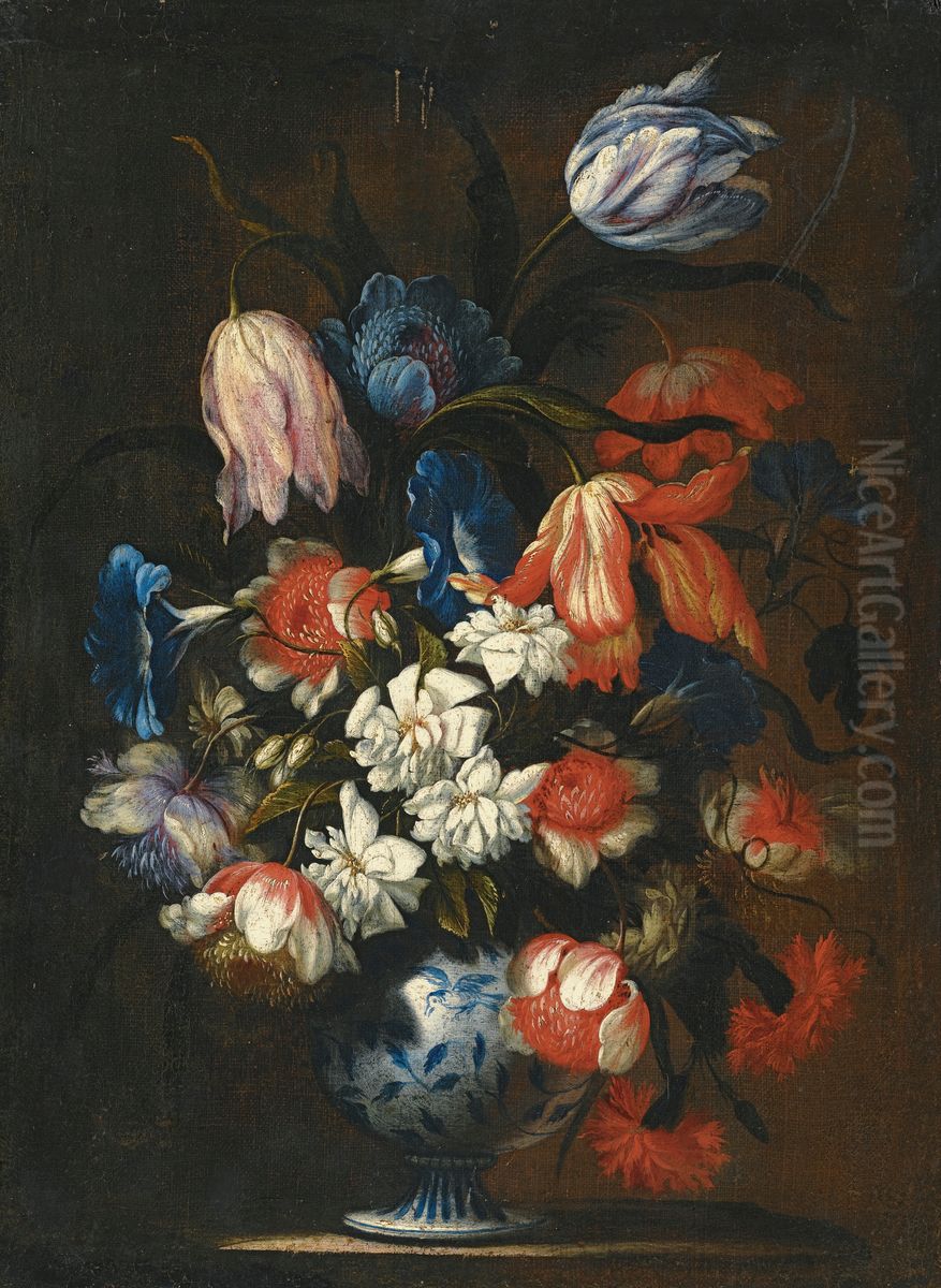 Still life with tulips, carnations and other flowers in a blue and white porcelain vase Oil Painting by Francesco Caldei