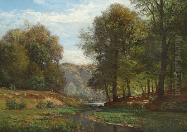 Two children in late summer at the edge of a river through the woods. Oil Painting by Anders Andersen-Lundby