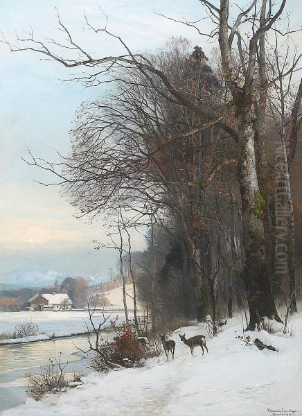 Rehe in einem verschneiten Tal in den Voralpen. Oil Painting by Anders Andersen-Lundby