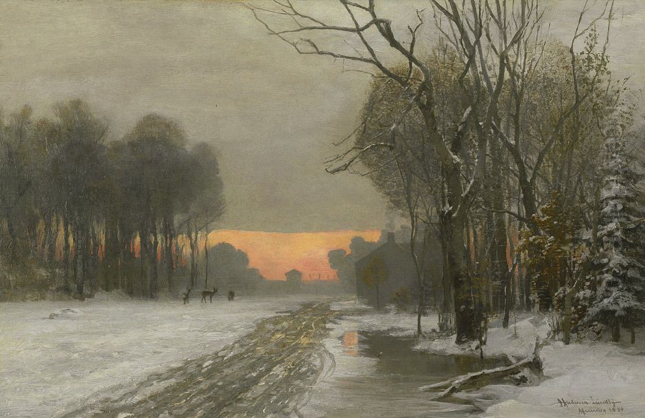 Vinterlandskab ved Nymphenburg i aftenrode. Oil Painting by Anders Andersen-Lundby