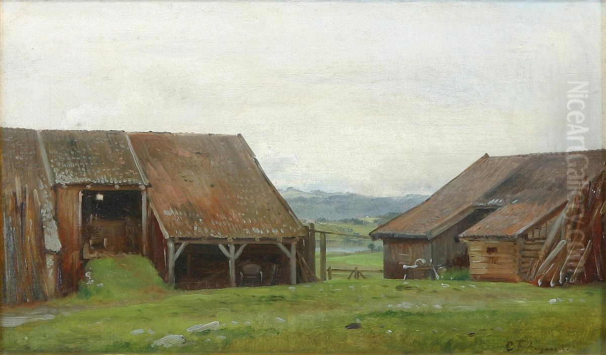 Landscape with wood cottages. Oil Painting by Carl Frederik Aagaard