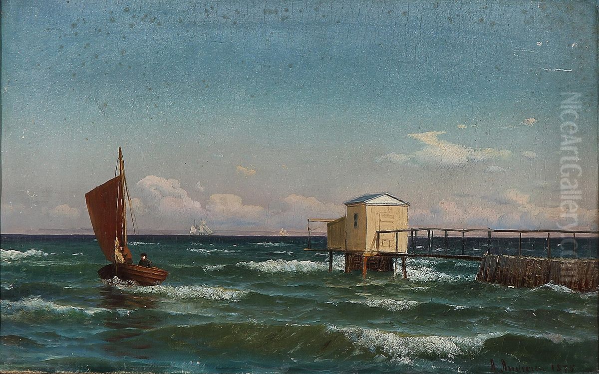 Kystparti med fiskere ved en badebro. Oil Painting by Anders Andersen-Lundby