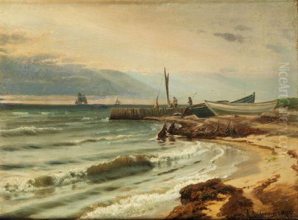 Fishermen and boats at the beach of Vedbaek, Denmark. Oil Painting by Anders Andersen-Lundby