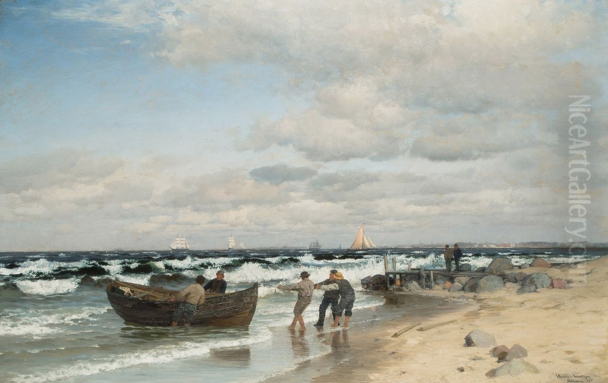 Kystparti med fiskere. Oil Painting by Anders Andersen-Lundby