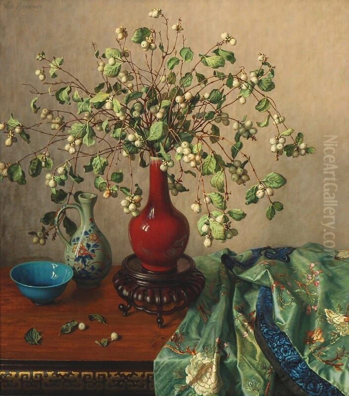 Still life with snowberries in a chinese vase. Oil Painting by Wilhelm Andersen