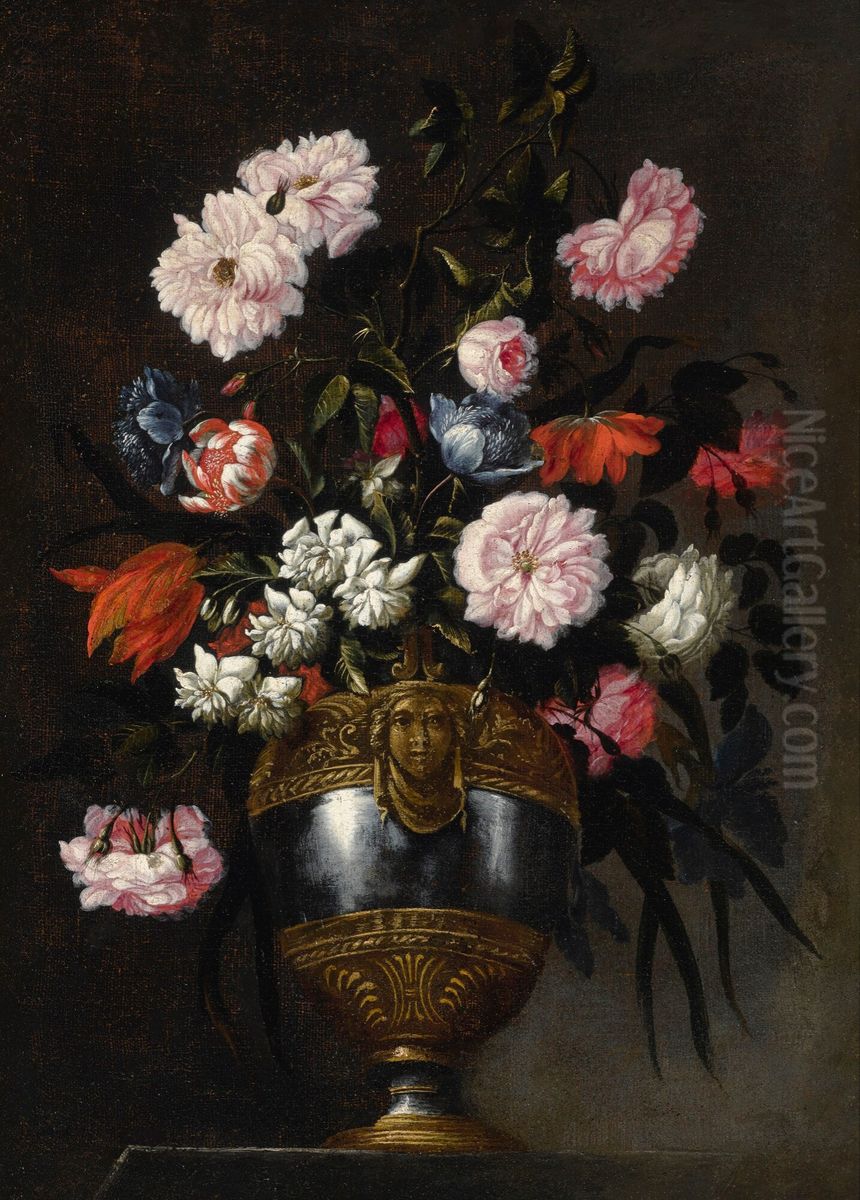 Still life of roses, tulips, anemones and peonies in a vase ornamented with a grotesque mask Oil Painting by Francesco Caldei