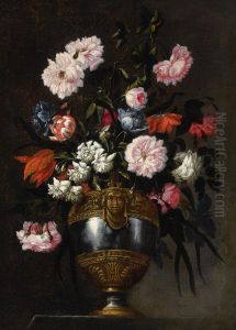 Still life of roses, tulips, anemones and peonies in a vase ornamented with a grotesque mask