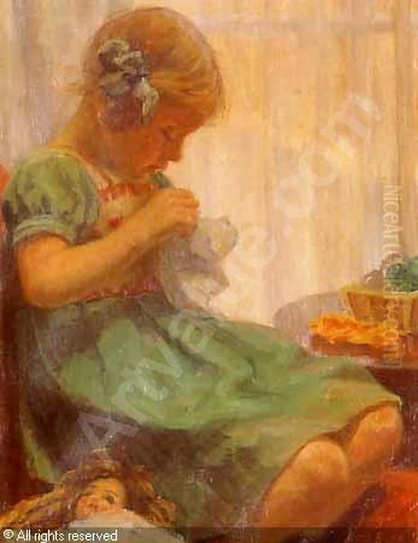 Interor med lille pige der syr. Oil Painting by Arvid Aae