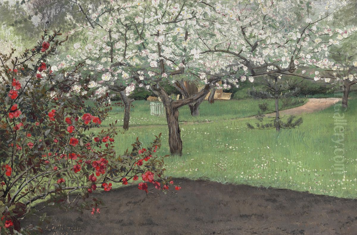 Chaenomeles japonica and apple trees in bloom Oil Painting by Laurits Andersen Ring