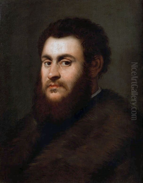 Portrait of king Sigismund II Augustus in a fur trimmed coat Oil Painting by Jacopo Tintorettoor follower