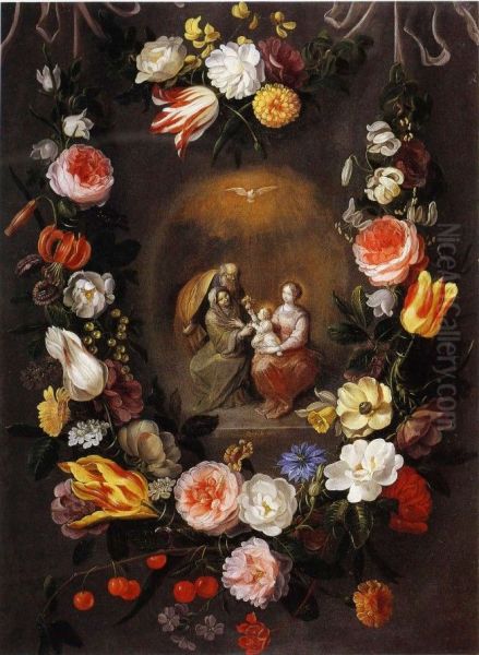 Holy Family with S.t. Anne in a Garland of Flowers Oil Painting by Frans Francken the Younger