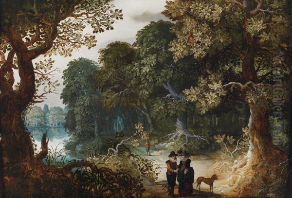 An elegant couple strolling through the forest Oil Painting by Abraham Govaerts