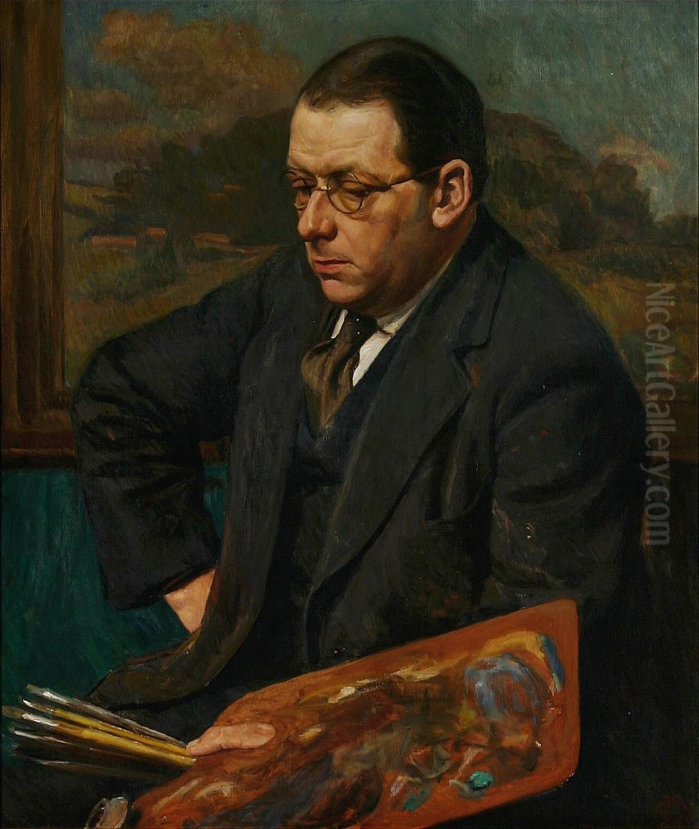 Portrait of a painter with brushes and a palette. Oil Painting by Georg Andersen