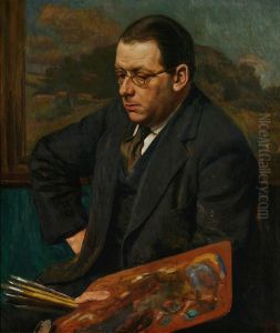 Portrait of a painter with brushes and a palette.