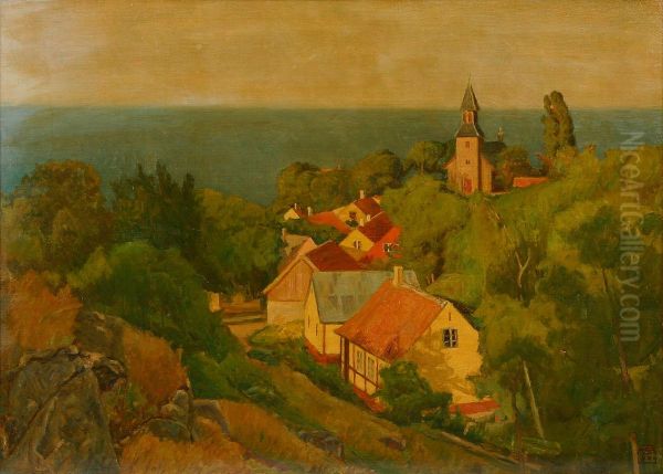 Udsigt over Gudhjem. Oil Painting by Georg Andersen