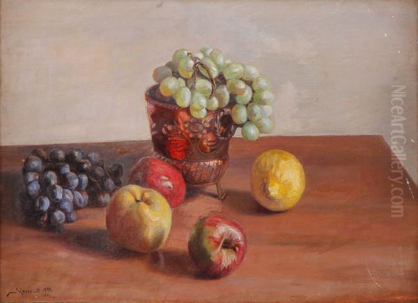 Still life with grapes, apples and lemon. Oil Painting by Signe Andreasen