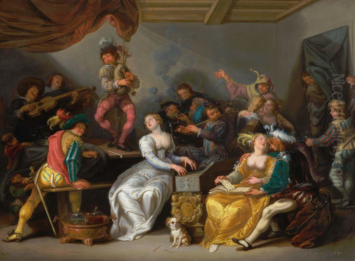 A merry company in an interior, Allegory of the Five Senses Oil Painting by Simon de Vos