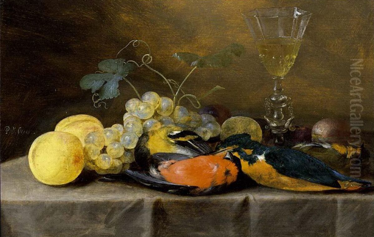 Still life with two finches, a kingfisher, grapes, peaches, prunes and a facon-de-venise wineglass, all on a draped table Oil Painting by Pieter Van Overschie