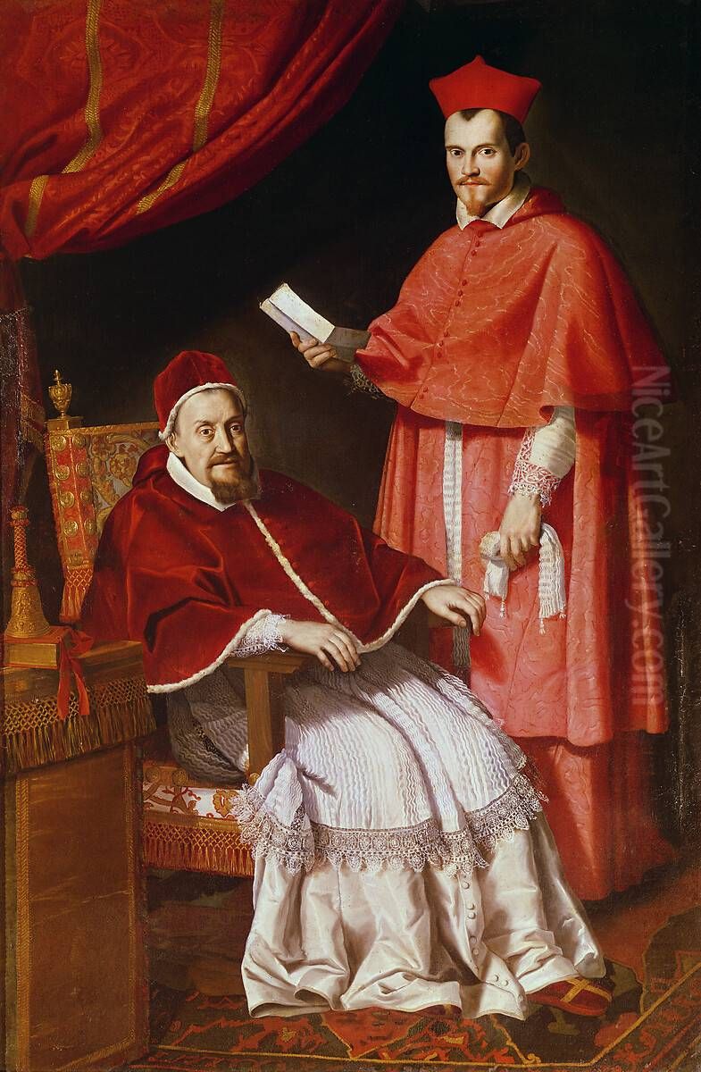 Portrait du pape Gregoire XV et du cardinal Ludovico Ludovisi Oil Painting by Domenico Zampieri (Domenichino)
