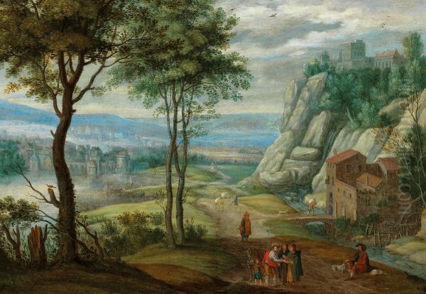 Wooded rocky landscape with pilgrims Oil Painting by Izaak van Oosten