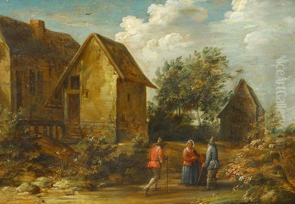 Village landscape with peasants Oil Painting by Thomas Van Apshoven