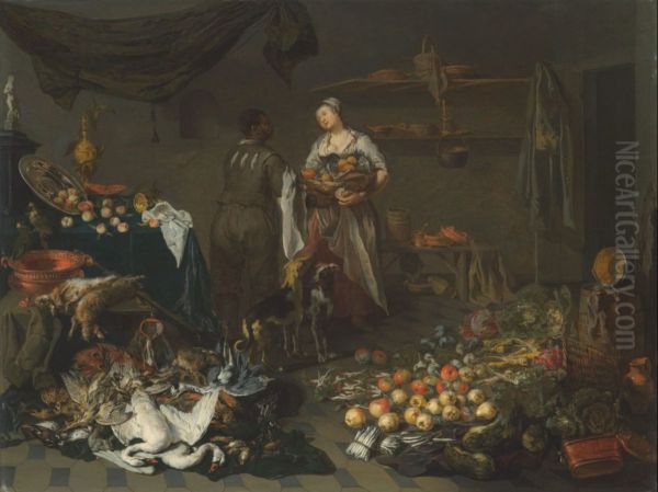 Kitchen interior with a maid and a servant conversing, with an abundance of game, fruit and vegetables Oil Painting by 'the other' Jan van Kessel