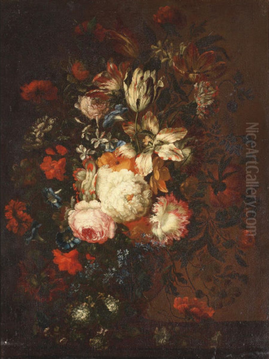 Roses, tulips, violets and other flowers in a glass vase on a wooden ledge Oil Painting by Jan Pieter Brueghel