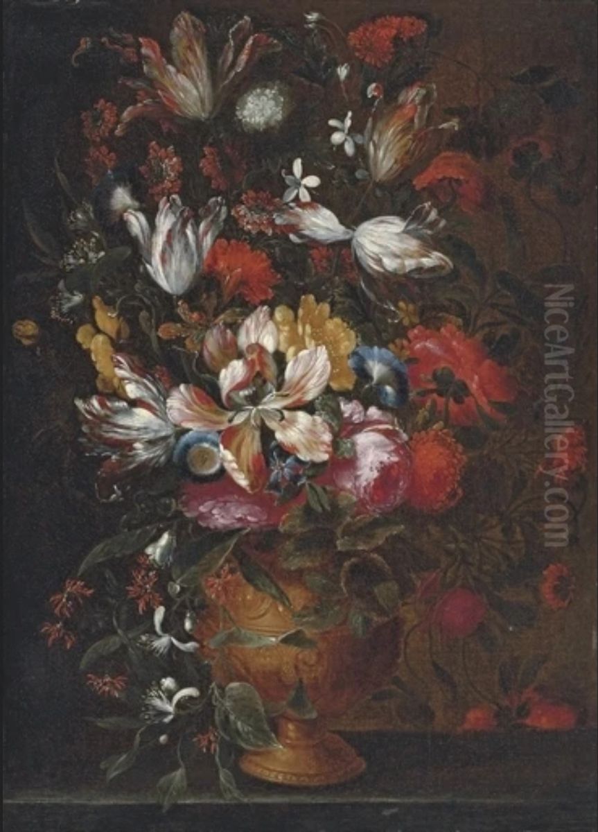 Roses, tulips, irises and other flowers in a bronze urn on a stone ledge Oil Painting by Jan Pieter Brueghel