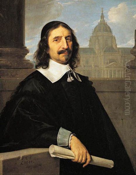 Portrait ofJacques Lemercier(1585-1654), Lemercier's Sorbonne in the background. Oil Painting by Philippe de Champaigne