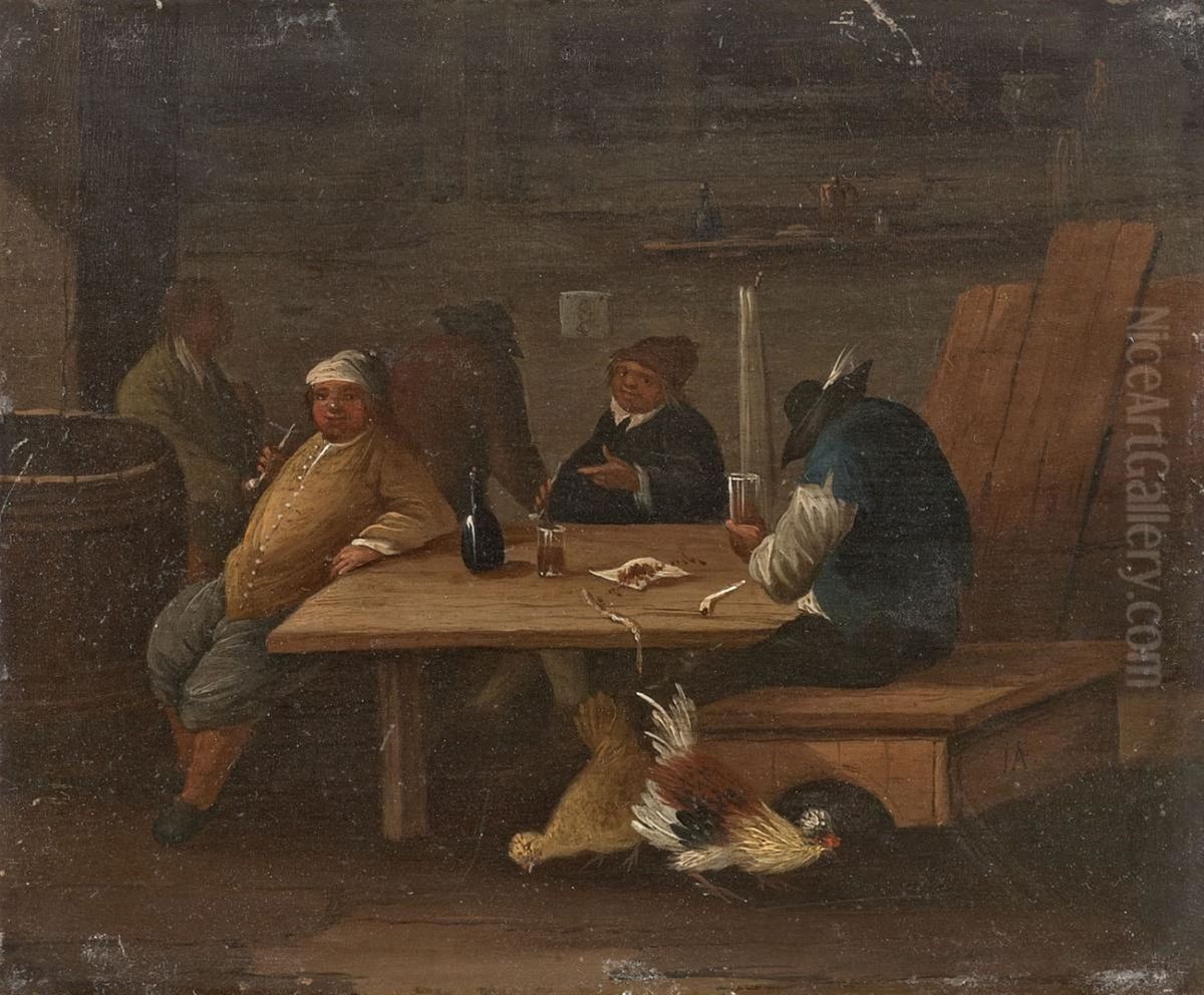 Drinkers and smokers in an interior Oil Painting by Ferdinand van Apshoven the Younger
