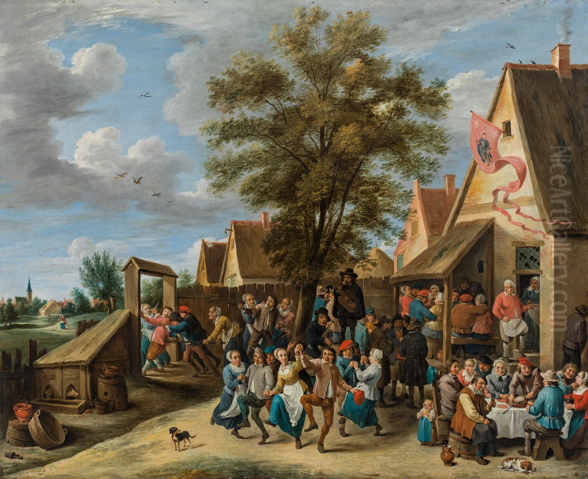 Village kermesse with peasants dancing Oil Painting by Abraham Teniers