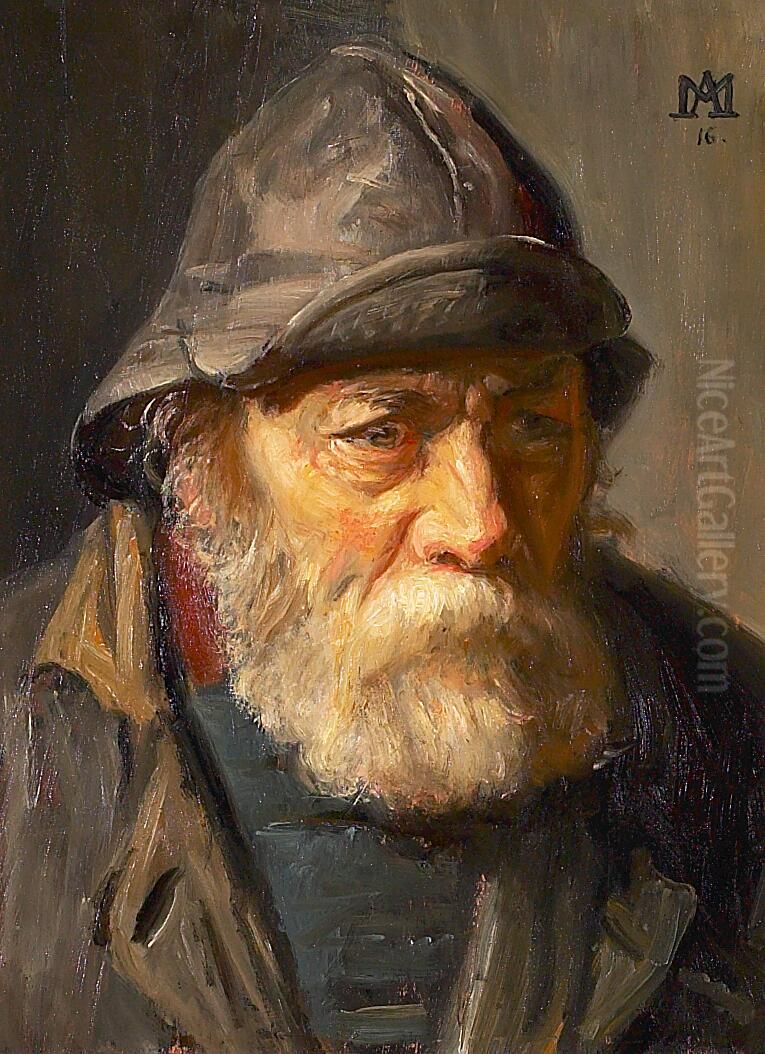 A portrait of a fisherman with a sou'wester. Oil Painting by Michael Peter Ancher