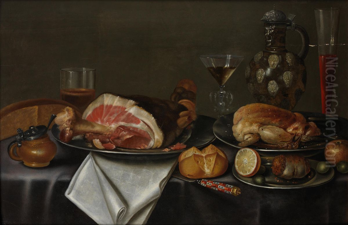 Still life with a ham and chicken on silver plates, glasses of wine and beer, a bread roll, a peeled lemon and an earthenware jug on a table draped with a grey cloth Oil Painting by unknown