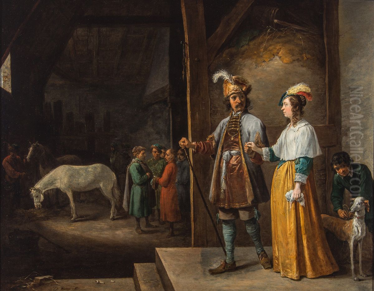 A lady and gentleman entering a stable Oil Painting by David Teniers the Younger