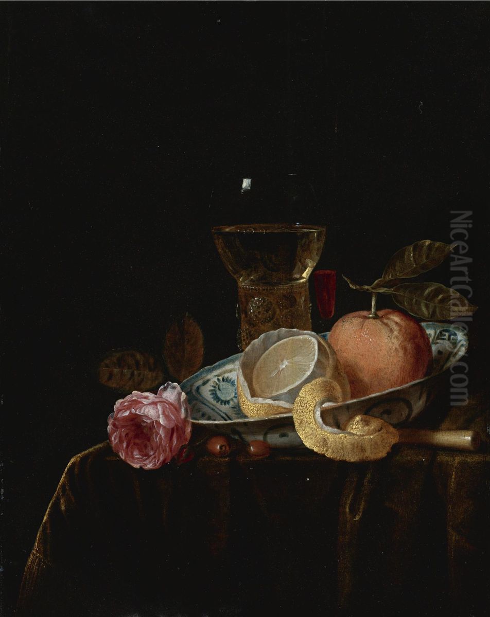 Still life with a peeled lemon and an orange in a blue and white porcelain bowl, a roemer, a tall wine glass, a rose and other objects on a draped table Oil Painting by Gillis van Hulsdonck