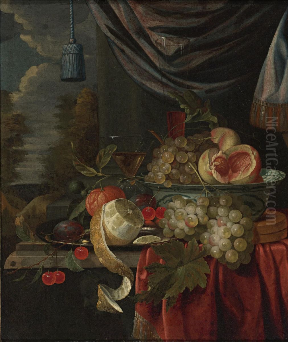 Still life of grapes and peaches in a blue and white porcelain bowl, a peeled lemon, plums and cherries on a pewter plate, with glasses and other fruit on a draped table, a landscape beyond Oil Painting by Gillis van Hulsdonck