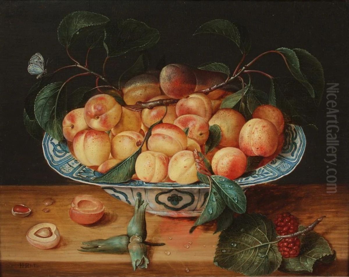 Still life with peaches in a Chinese bowl Oil Painting by Gillis van Hulsdonck