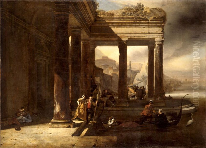 The scene at the port. Oil Painting by Jan Baptist Weenix