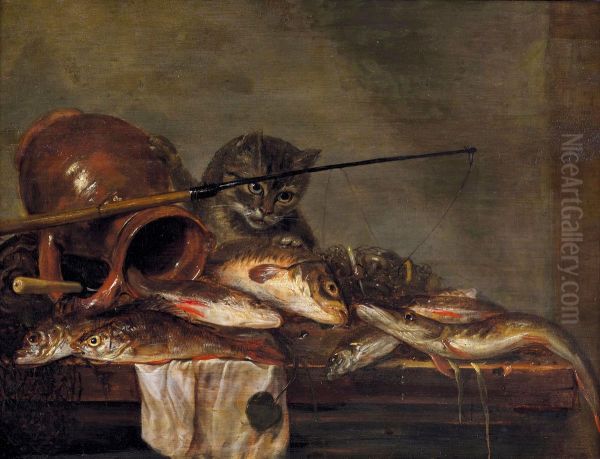 Still life with fish catch, fishing rod and curious cat Oil Painting by Jan Dirven